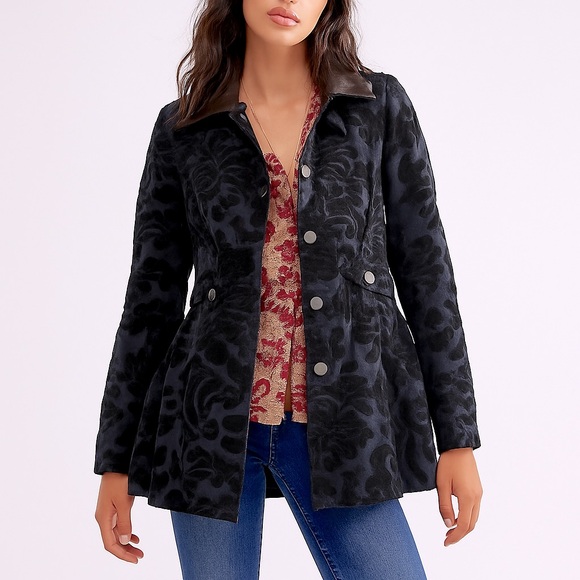 Free People Velvet Brocade Long Coat Jacket Black Blue Size 0 - Picture 1 of 16